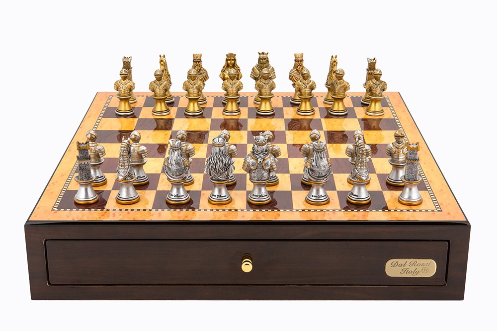 Dal Rossi Italy Walnut Finish chess box with compartments 18" with Medieval Warriors Resin Chessmen
