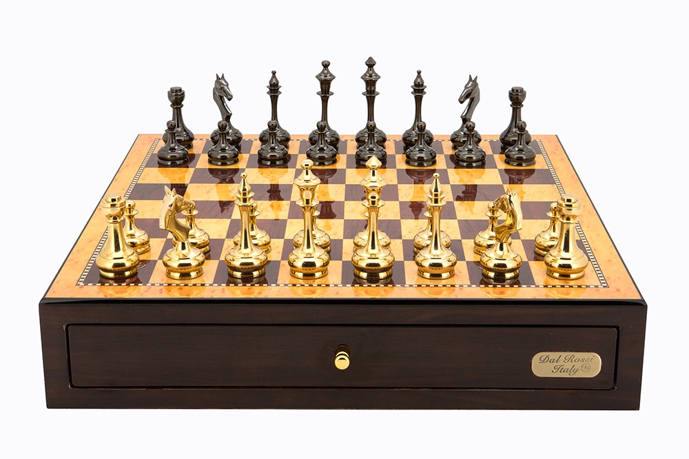 Dal Rossi Italy Walnut Finish chess box with compartments 18" with Staunton Brass Titanium Cap Chessmen