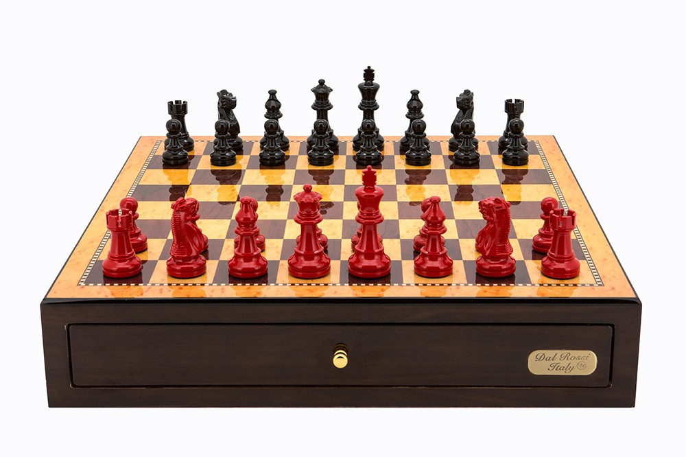 Dal Rossi Italy Walnut Finish chess box with compartments 18" with French Lardy Black/Red 85mm Chessmen
