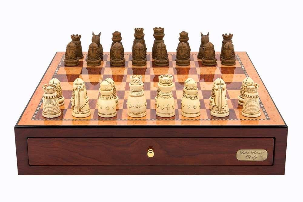Dal Rossi Italy Red Mahogany Finish chess box with compartments 18" with Medieval Resin Chessmen