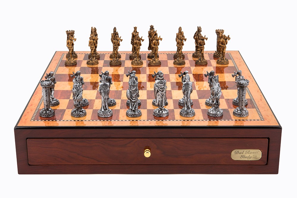 Dal Rossi Italy Red Mahogany Finish chess box with compartments 18" with Medieval Pewter GA Chessmen