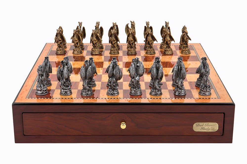 Dal Rossi Italy Red Mahogany Finish chess box with compartments 18" with Dragon Pewter Chessmen