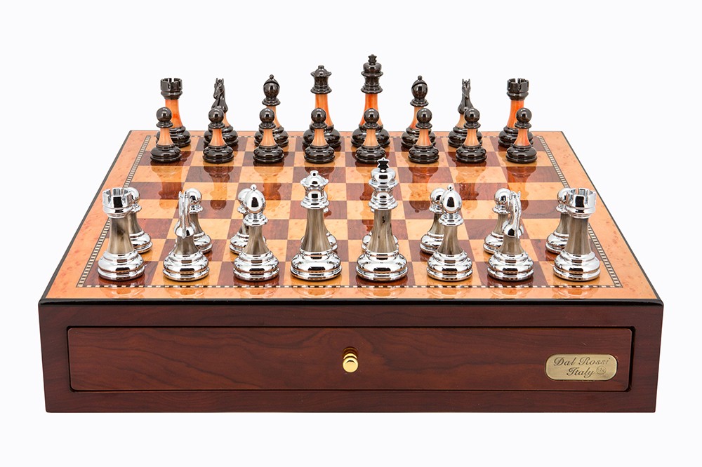 Dal Rossi Italy Red Mahogany Finish chess box with compartments 18" with Staunton Metal/Marble Finish Chessmen