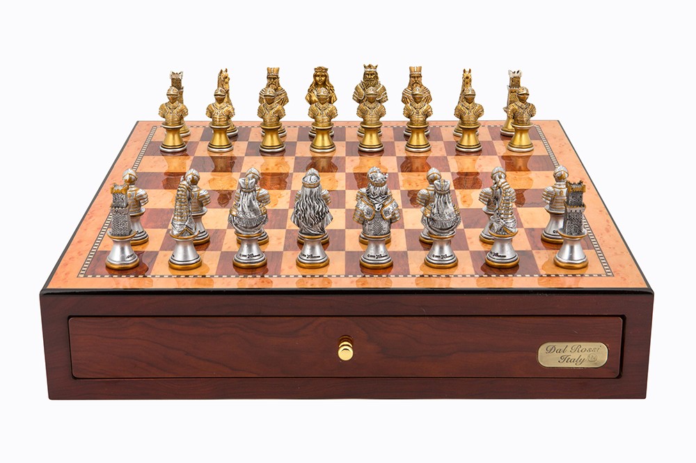 Dal Rossi Italy Red Mahogany Finish chess box with compartments 18" with Medieval Warriors Resin Chessmen