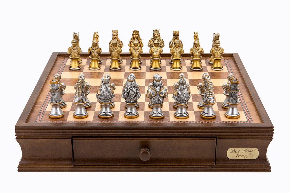 Dal Rossi Italy chess box with drawers 16” With Medieval Warriors Resin Chessmen