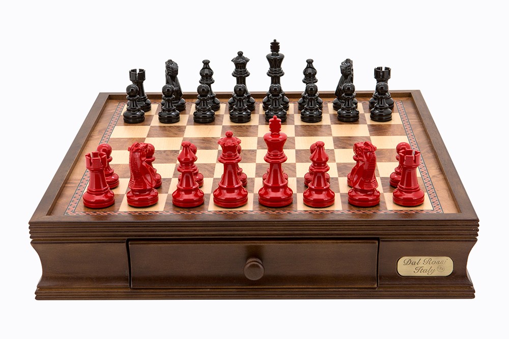 Dal Rossi Italy chess box with drawers 16” with French Lardy Black/Red 85mm Chessmen