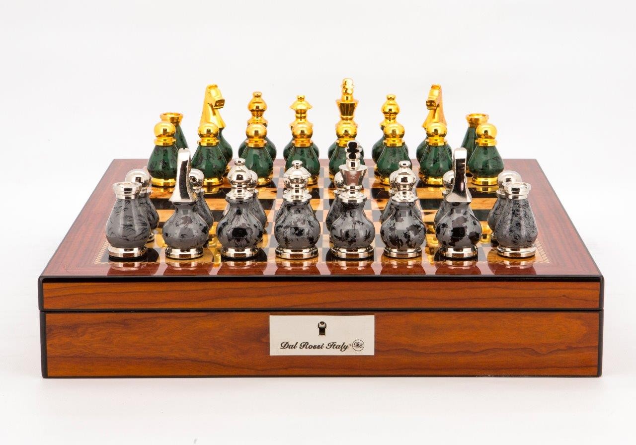 Dal Rossi Italy Chess Set Walnut Shinny Finish 16″ With Compartments, With Gray and Green Gold and Silver Metal Tops and Bottoms Chess Pieces 90mm