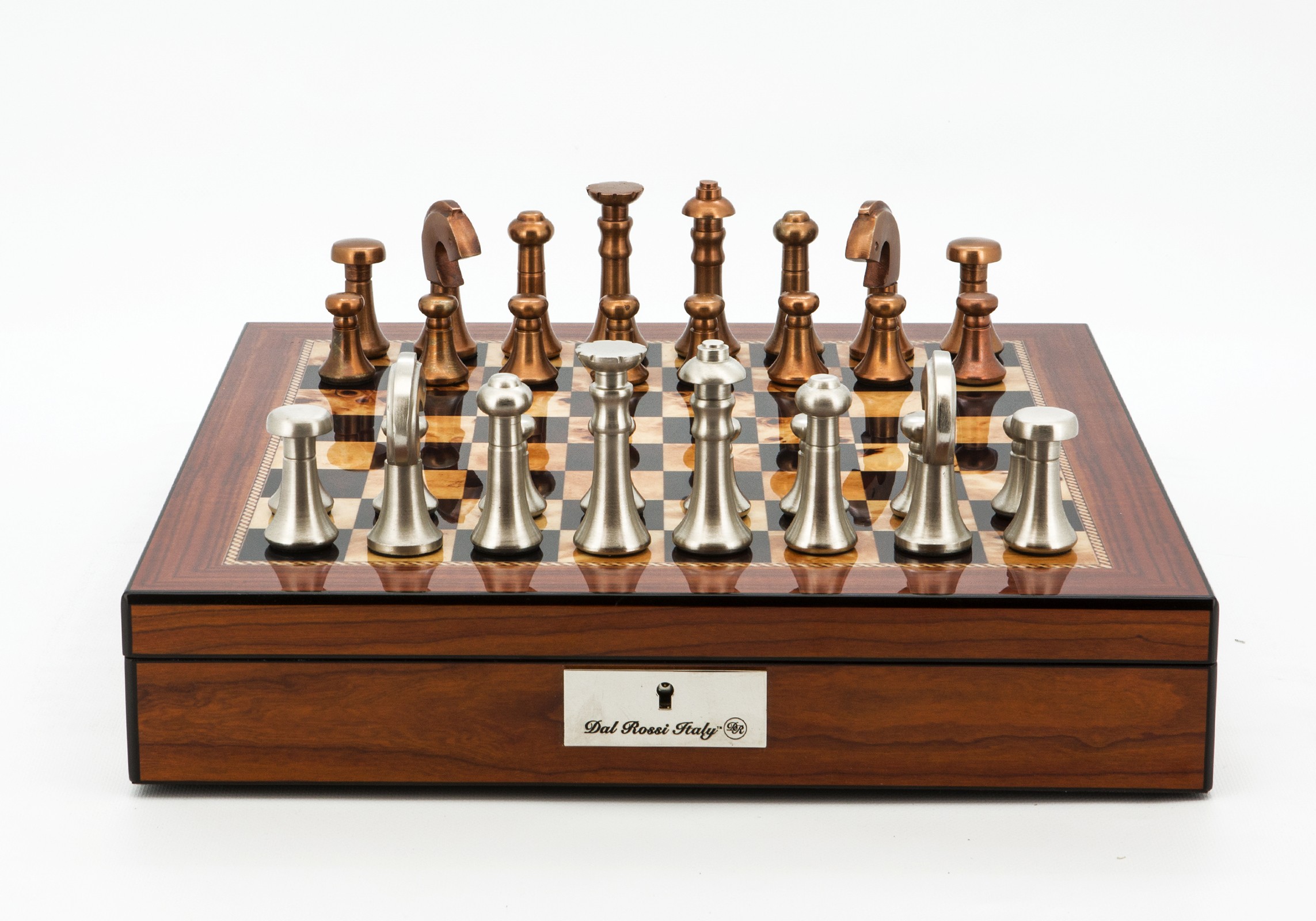 Dal Rossi Italy Chess Set Walnut Shinny Finish 16″ With Compartments, With Metal Copper and silver Chessmen 80mm