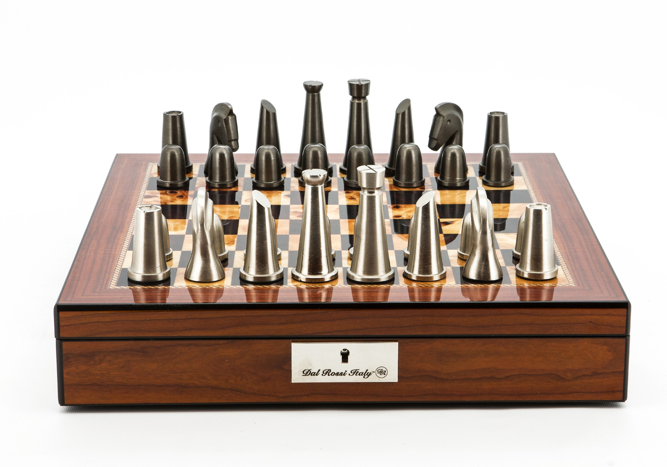 Dal Rossi Italy Chess Set Walnut Finish 16″ With Compartments, With Metal Dark Titanium and Silver chessmen 85mm