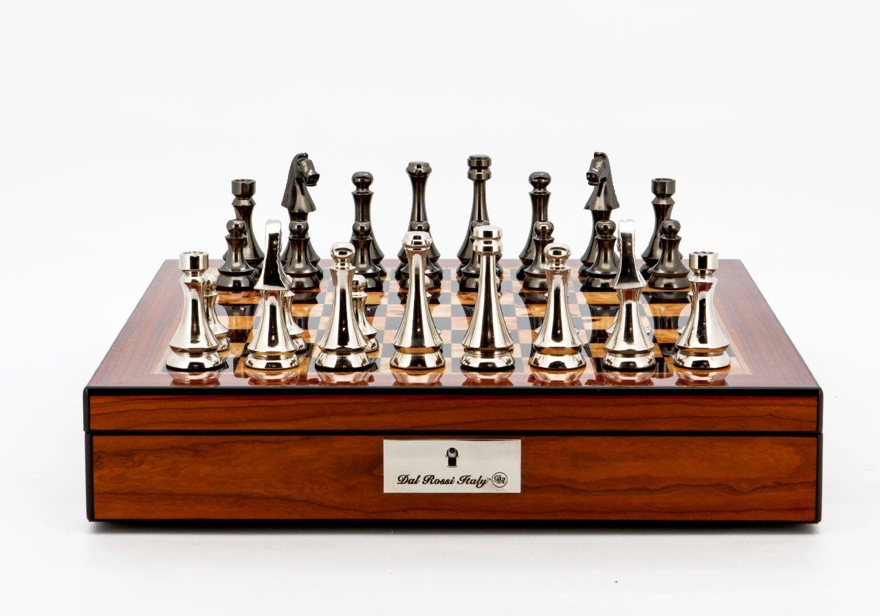 Dal Rossi Italy Chess Set Walnut Finish 16″ With Compartments, With Metal Dark Titanium and Silver chessmen 85mm