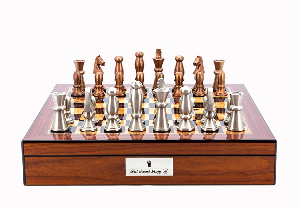 Dal Rossi Italy Chess Set Walnut Shinny Finish 16″ With Compartments, With Copper & Silver Weighted Metal Chess Pieces 85mm pieces
