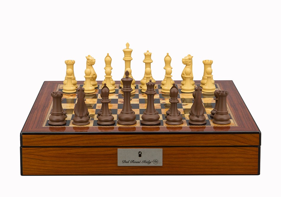 Dal Rossi Italy Chess Set Walnut Shinny Finish 16″ With Compartments, With Queens Gambit Chessmen 90mm