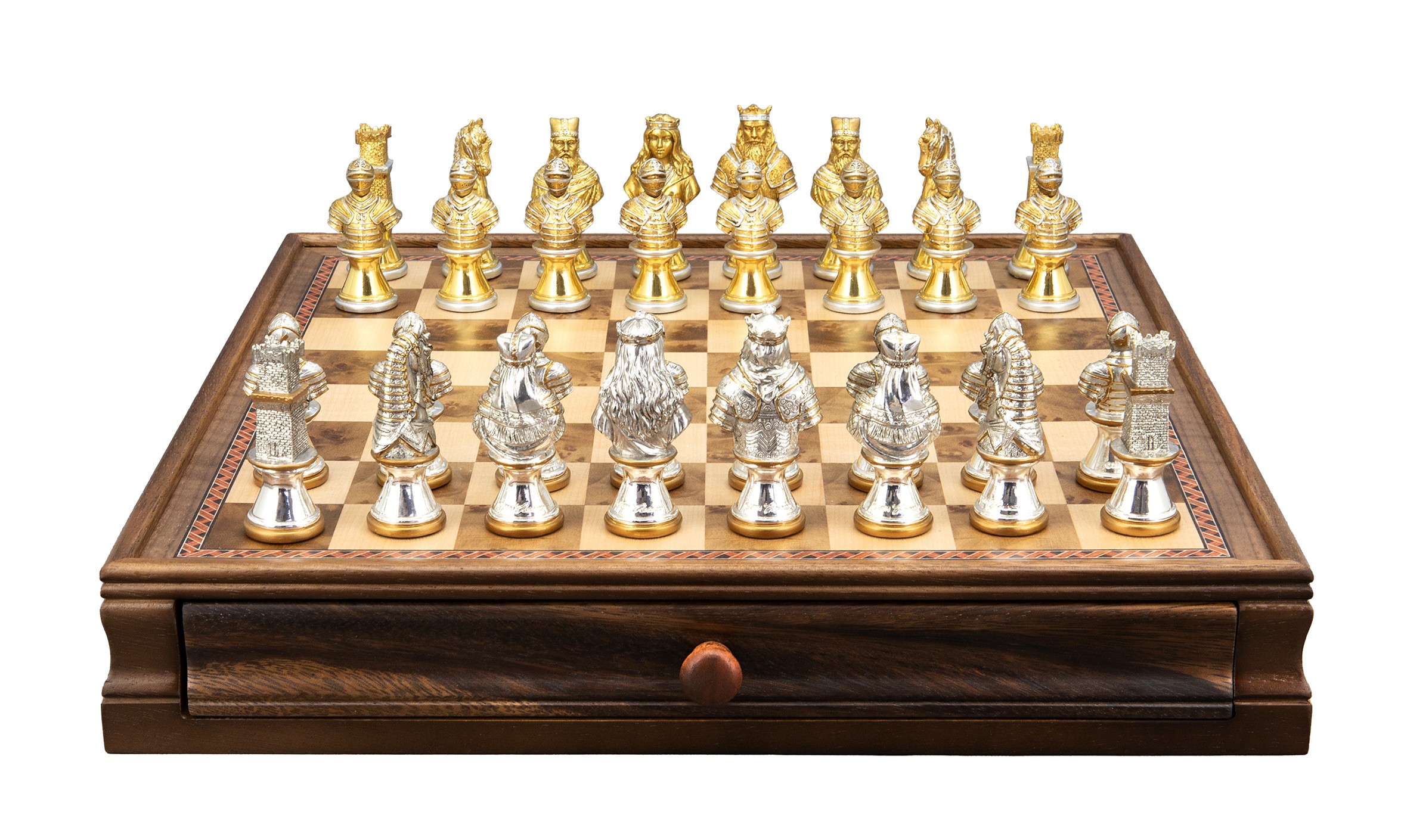 Dal Rossi Italy, Medieval Warriors Metal Chessmen 85mm  on a Walnut Box with Drawer 15"