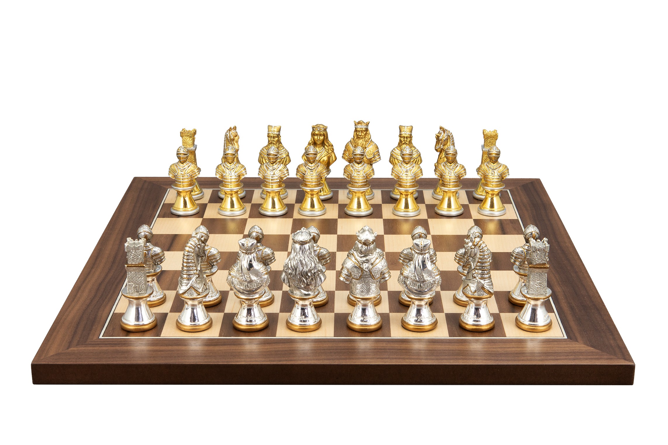Dal Rossi Italy, Medieval Warriors Metal Chessmen 85mm on a Walnut Inlaid, 40cm Chess Board