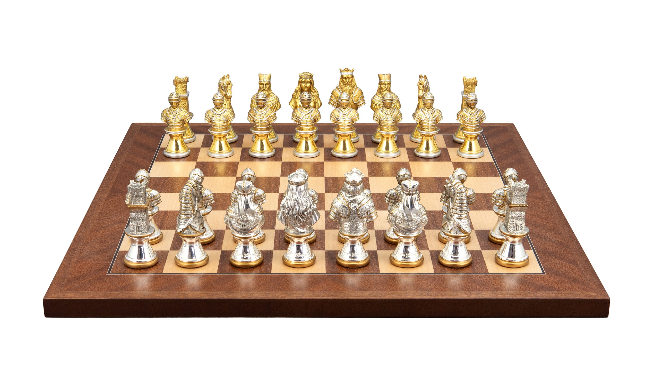 Dal Rossi Italy, Medieval Warriors Metal Chessmen 85mm on a Mahogany / Maple, 40cm Chess Board