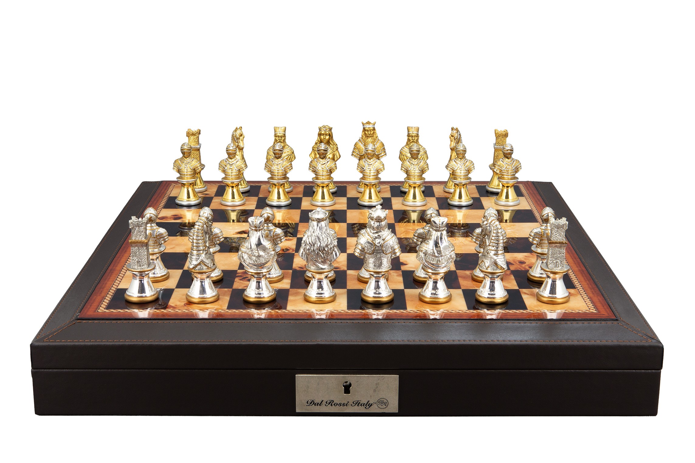 Dal Rossi Italy, Medieval Warriors Metal Chessmen 85mm on a Brown PU Leather Bevelled Edge chess box with compartments 18"