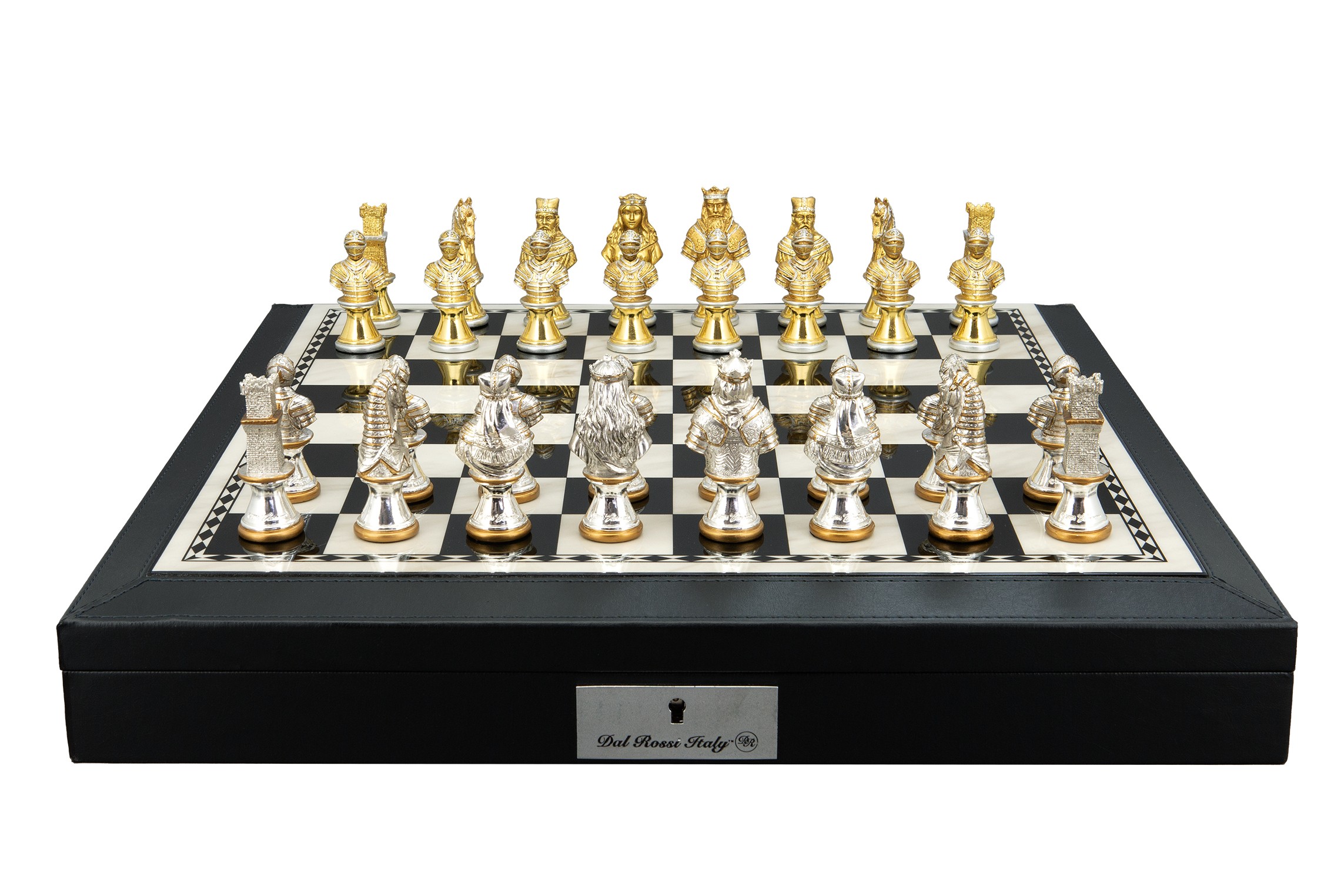 Dal Rossi Italy, Medieval Warriors Metal Chessmen 85mm on a Black PU Leather Bevelled Edge chess box with compartments 18"