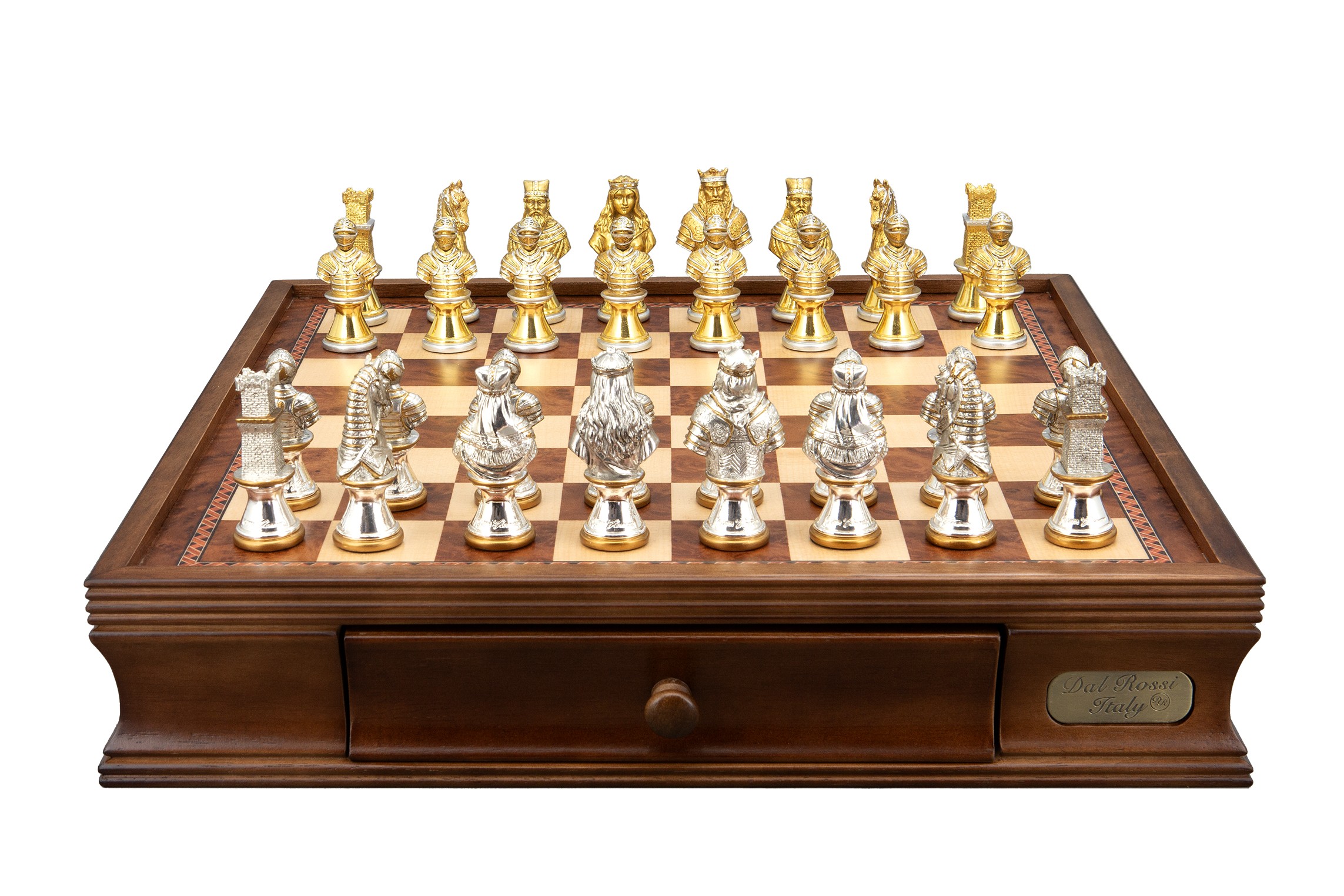 Dal Rossi Medieval Warriors Metal Chessmen 85mm on a Walnut Inlaid Chess Box with Drawers 16"