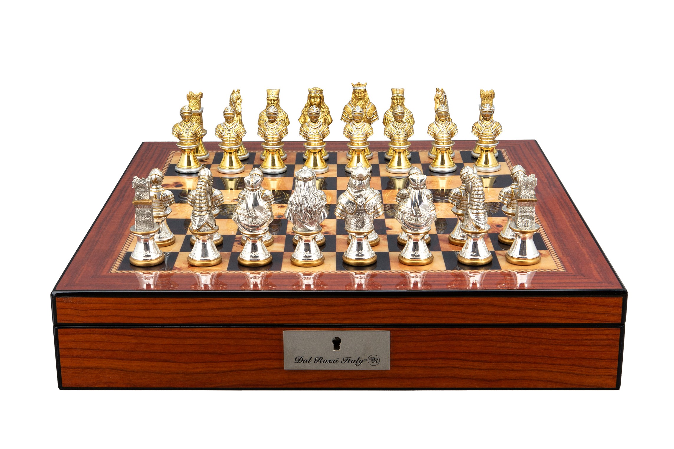 Dal Rossi Medieval Warriors Metal Chessmen 85mm on a Walnut Finish Shiny Chess Box with Compartments 16"