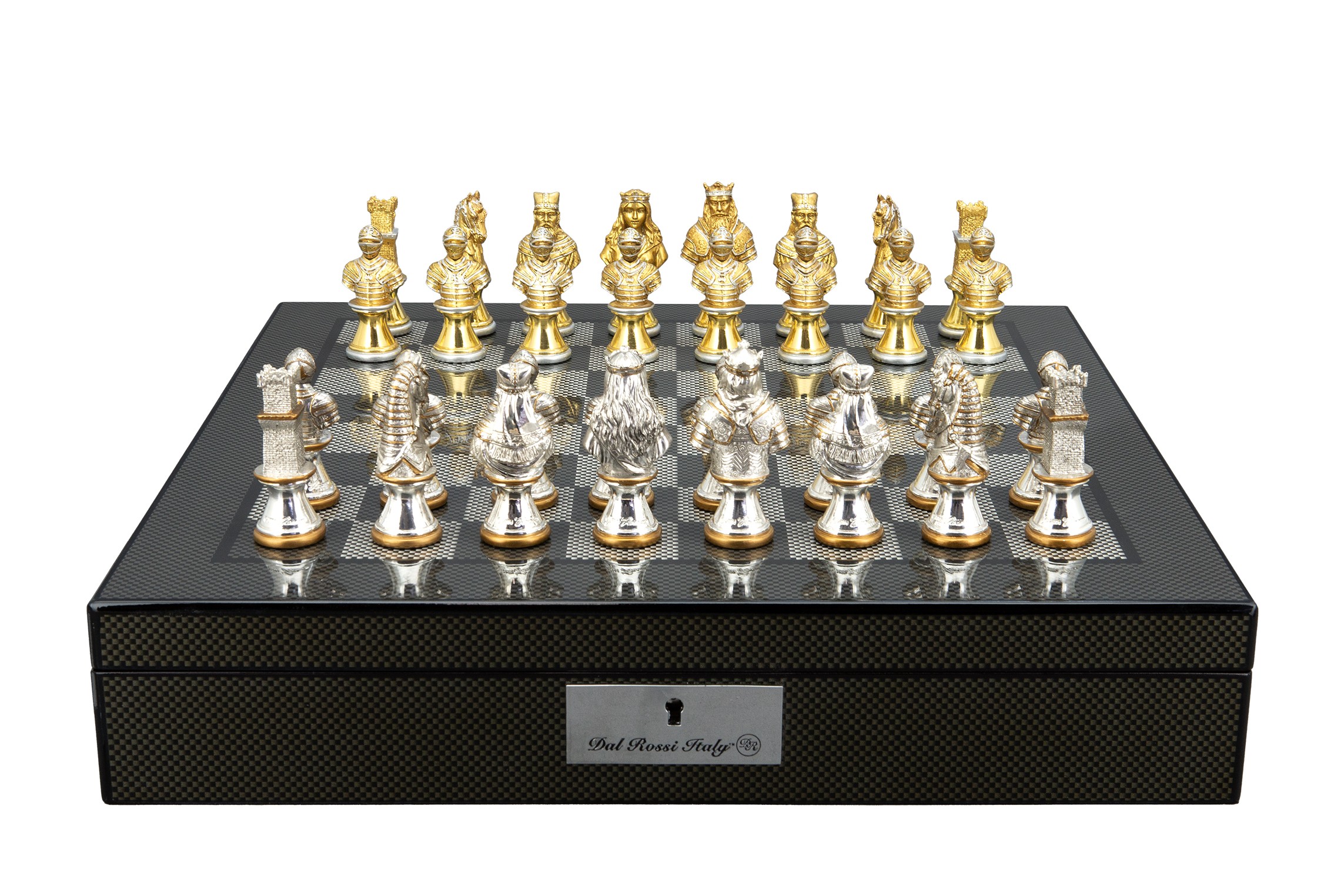 Dal Rossi Medieval Warriors Metal Chessmen 85mm on a Carbon Fibre Finish Shiny Chess Box with Compartments 16"