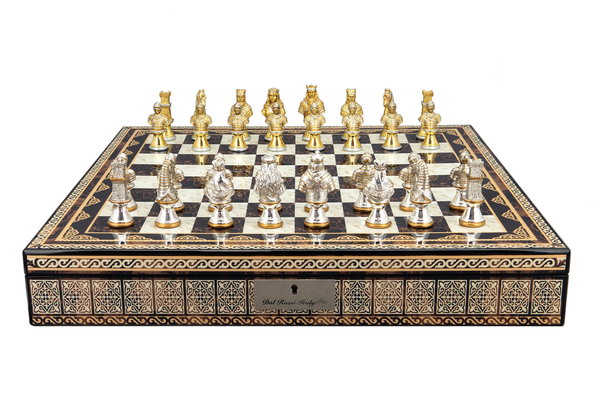 Dal Rossi Medieval Warriors Metal Chessmen 85mm on a Mosaic Finish Shiny Chess Box with Compartments 20"