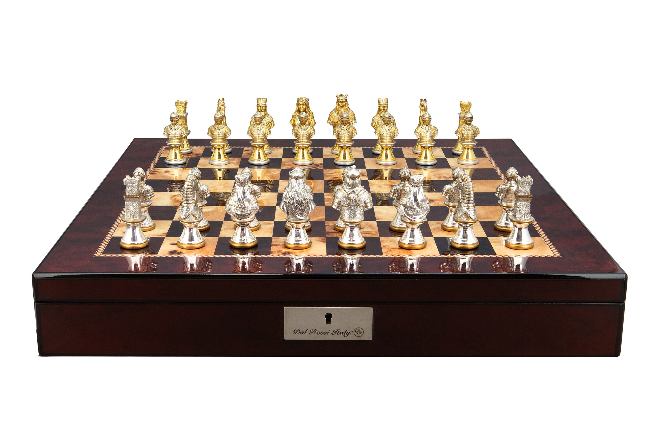Dal Rossi Medieval Warriors Metal Chessmen 85mm on a Mahogany Finish Shiny Chess Box with Compartments 20"