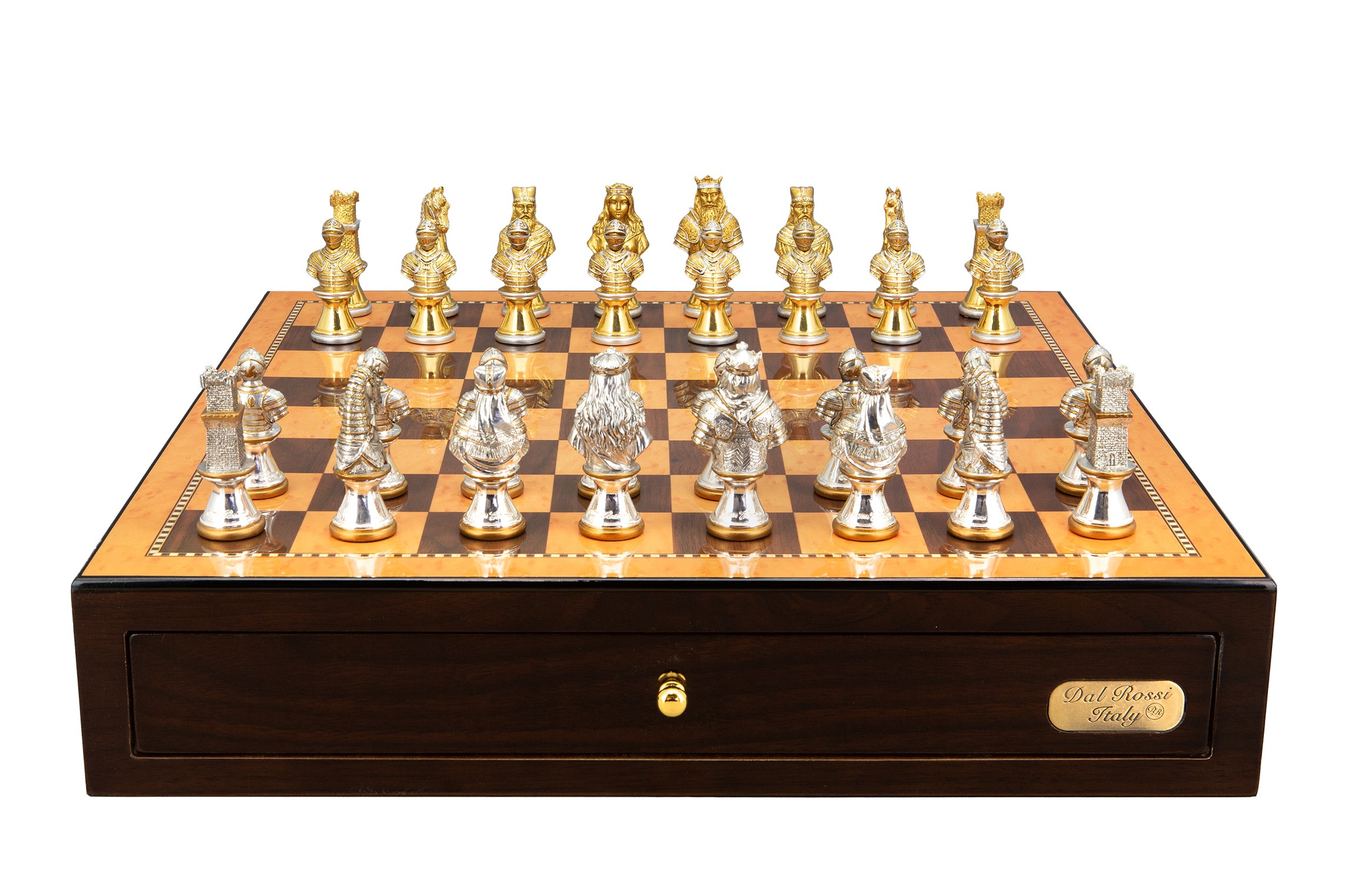 Dal Rossi Italy, Medieval Warriors Metal Chessmen 85mm on a Shiny Walnut Chess Box with two Drawers 18"