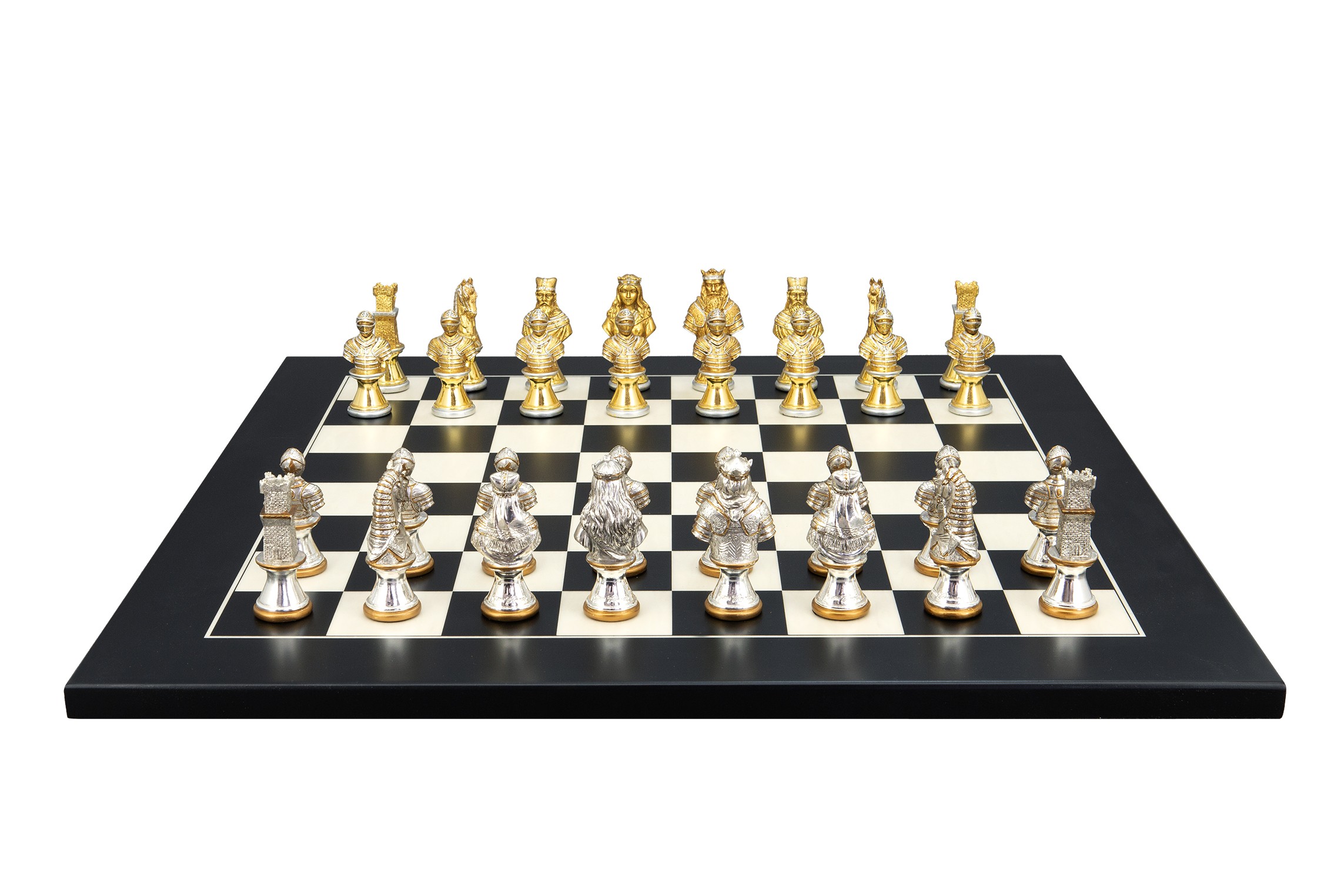 Dal Rossi Italy, Medieval Warriors Metal Chessmen 85mm on a Black / Erable, 40cm Chess Board