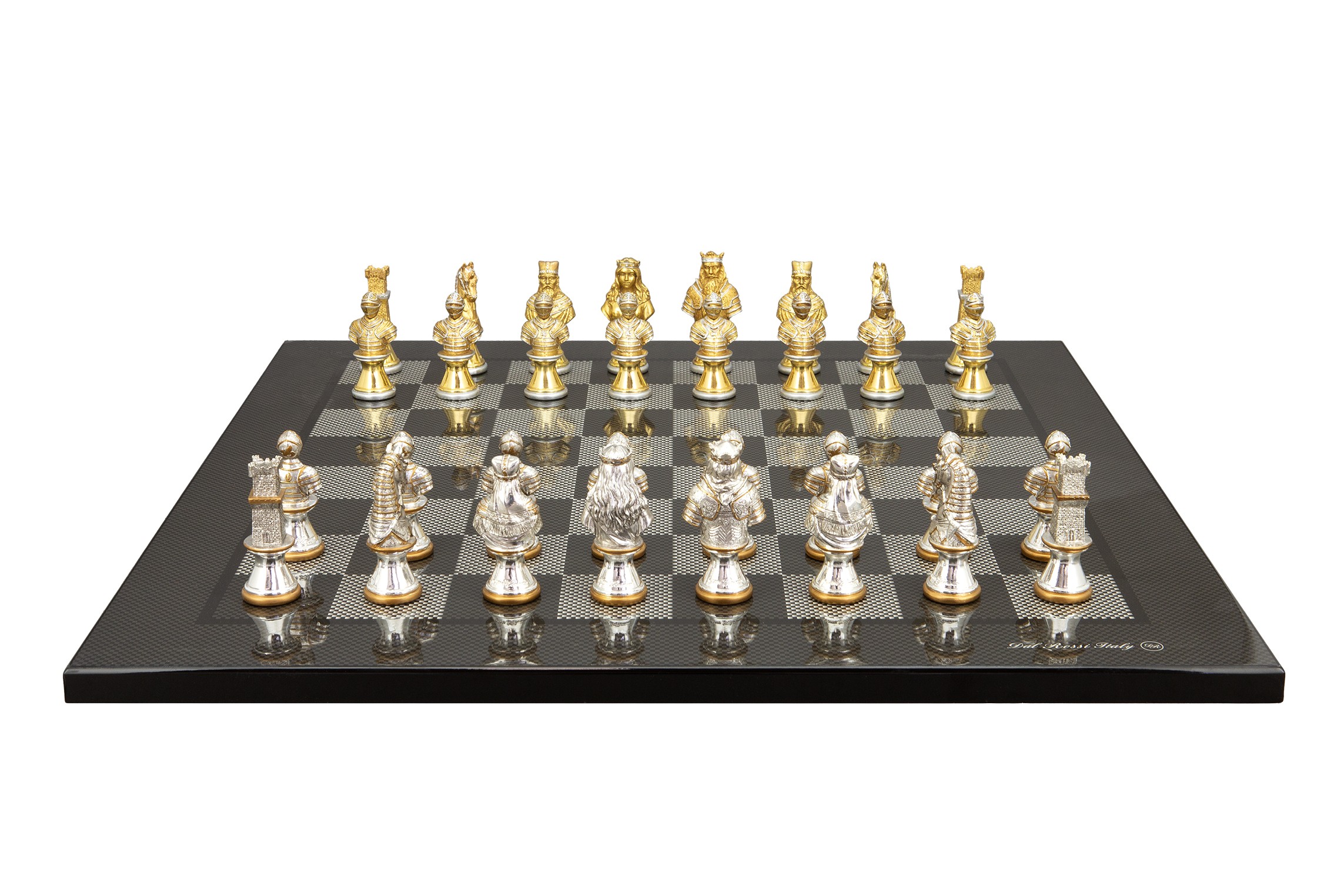 Dal Rossi Italy, Medieval Warriors Metal Chessmen 85mm on a Carbon Fibre Shinny Finish, 50cm Chess Board