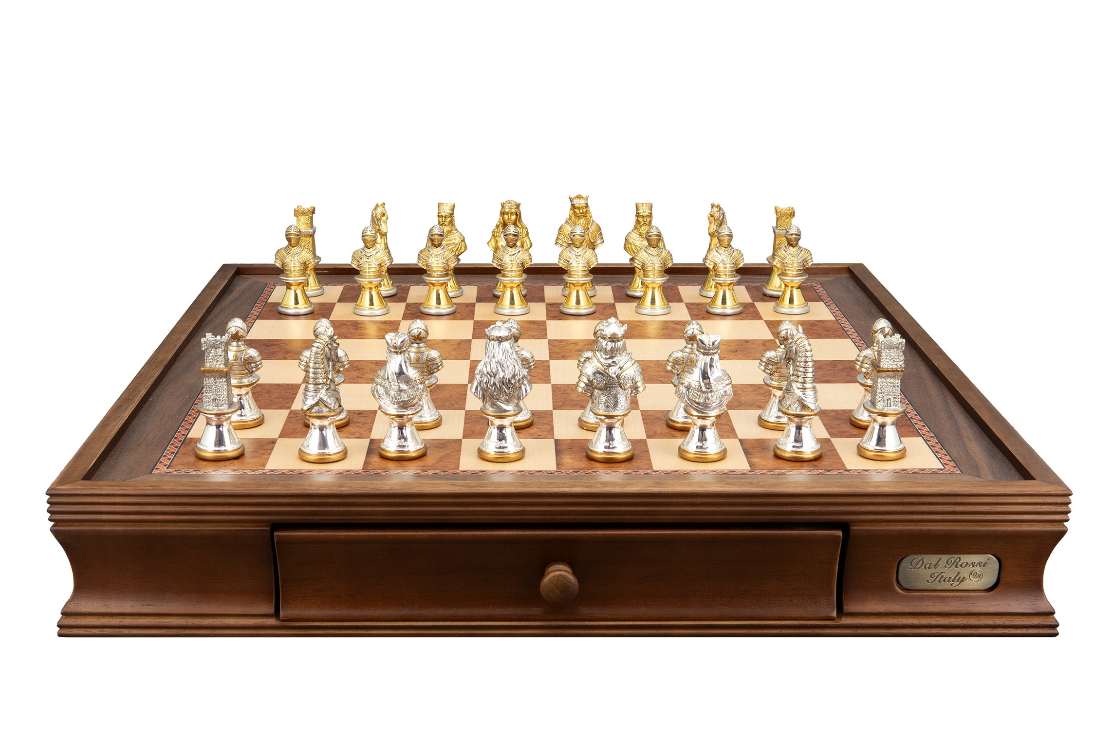 Dal Rossi Medieval Warriors Metal Chessmen 85mm on a Walnut Inlaid Chess Box with Drawers 20"