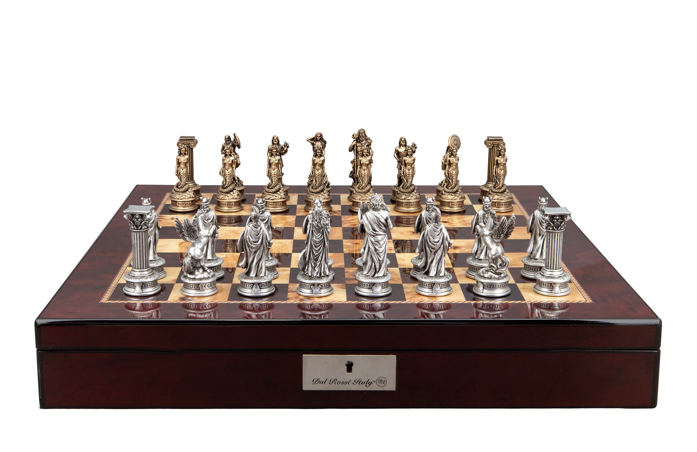 Dal Rossi Italy European Warriors on a Mahogany Finish, Chess Box 20” with compartments
