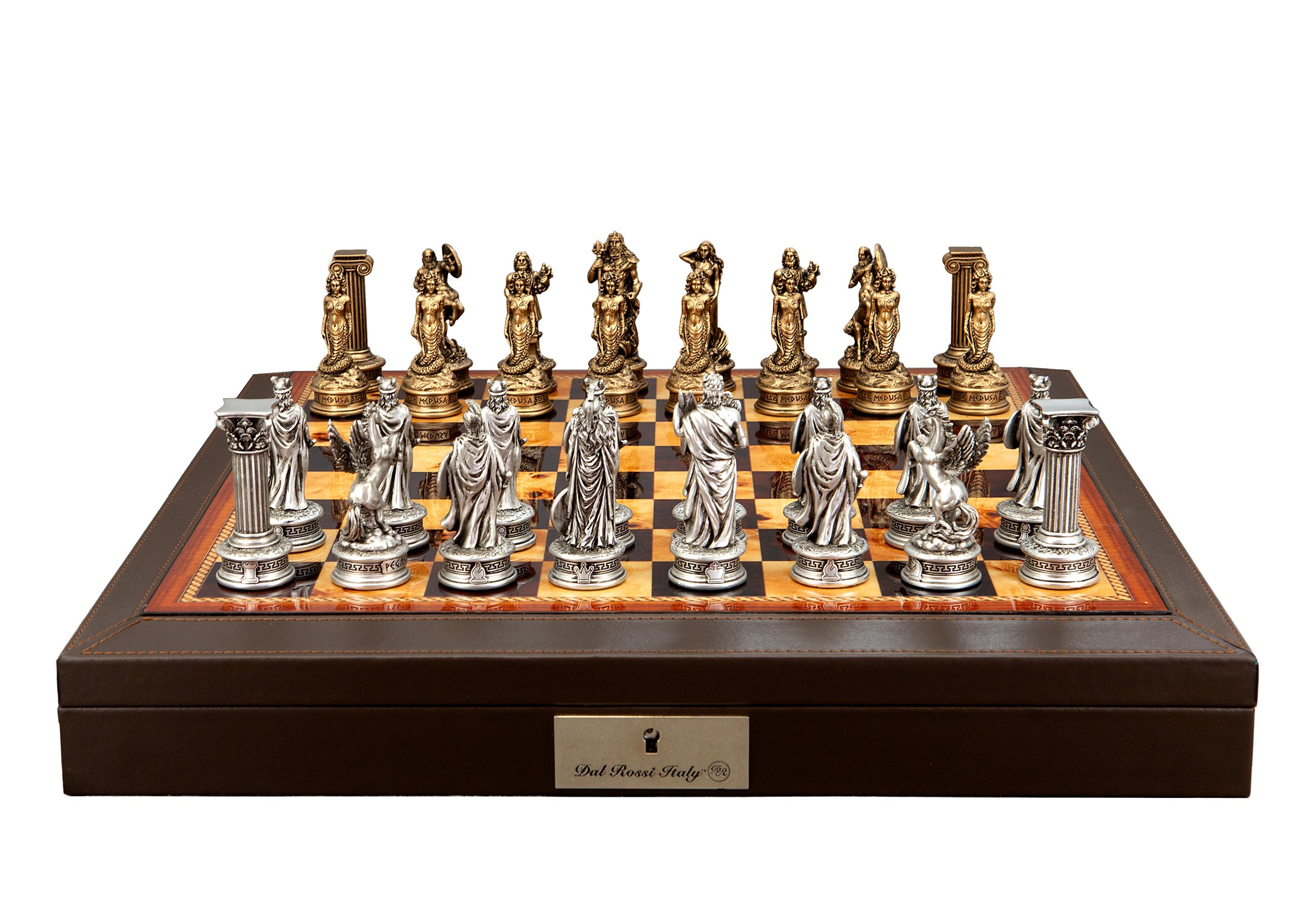 Dal Rossi Italy European Warriors Chessmen 85mm on a Brown PU Leather Bevelled Edge chess box with compartments 18"