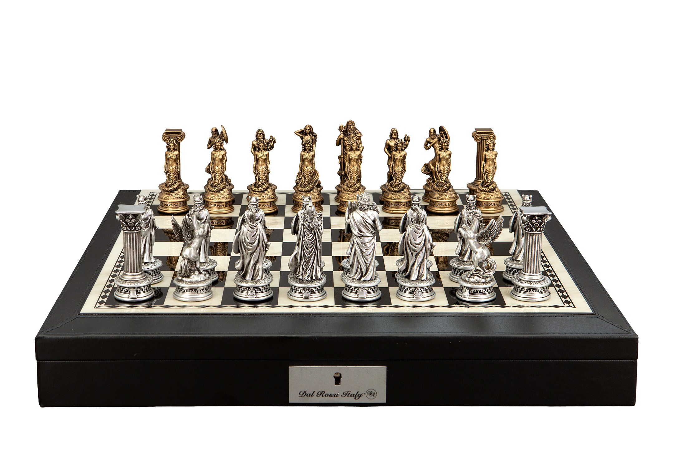 Dal Rossi Italy European Warriors Chessmen 85mm on a Black PU Leather Bevelled Edge chess box with compartments 18"