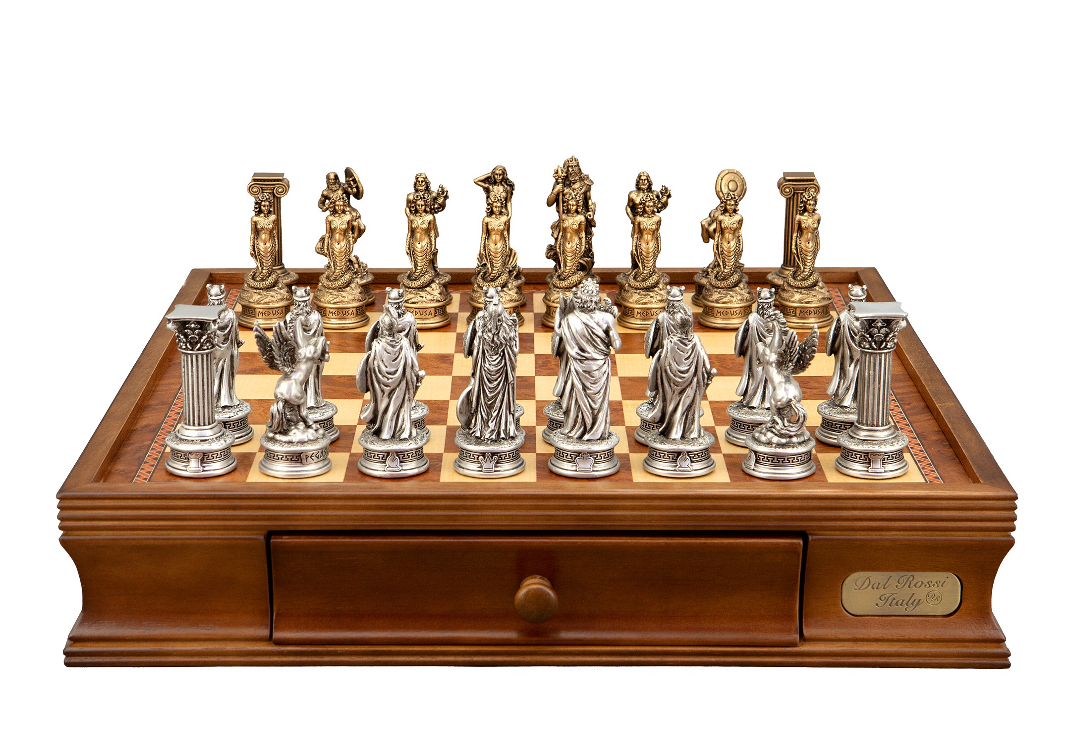 Dal Rossi Italy European Warriors Chessmen 85mm on a Walnut Chess Box with Drawers 16"