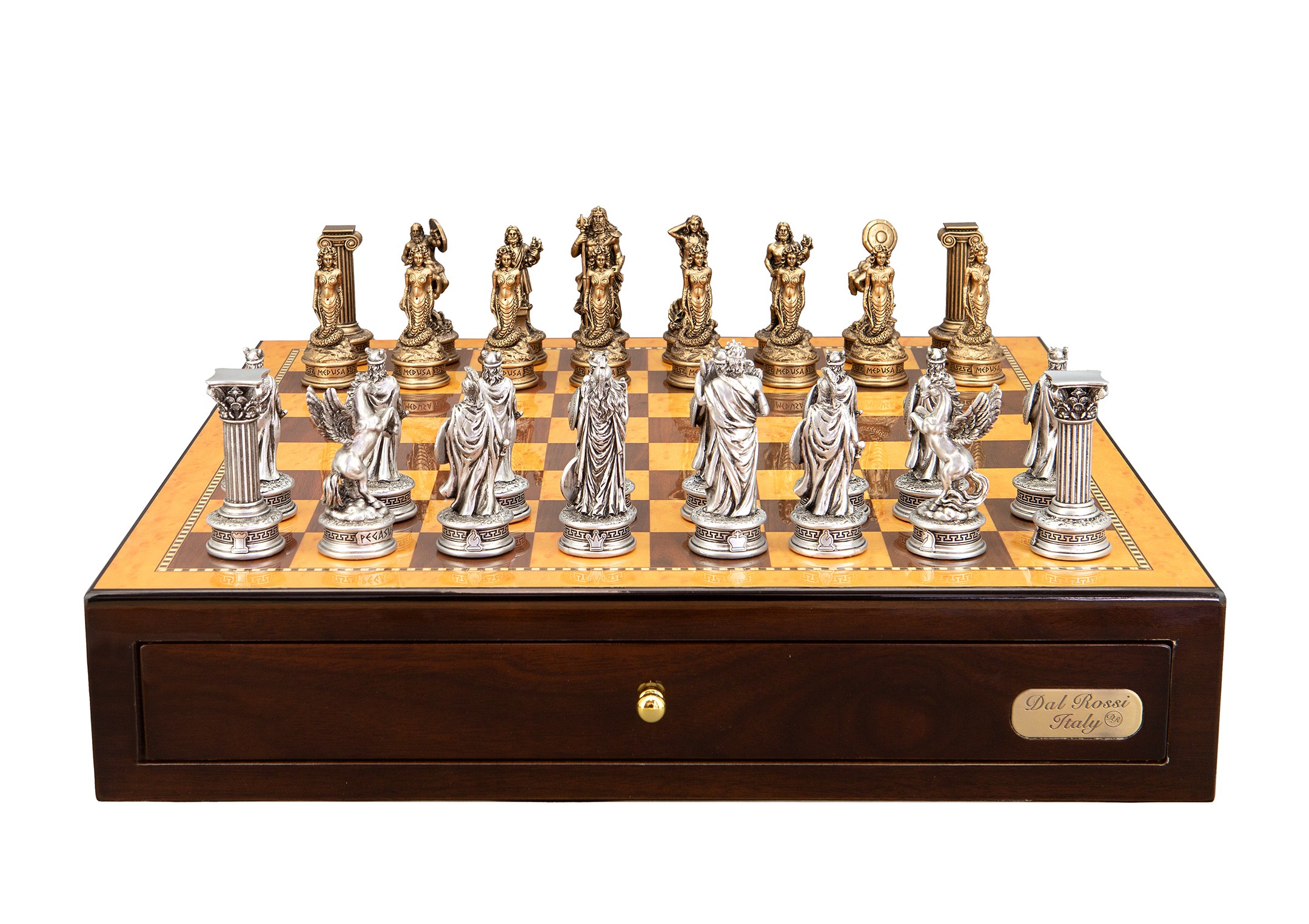 Dal Rossi Italy European Warriors Chessmen 85mm on a Shiny Walnut Chess Box with two Drawers 18"