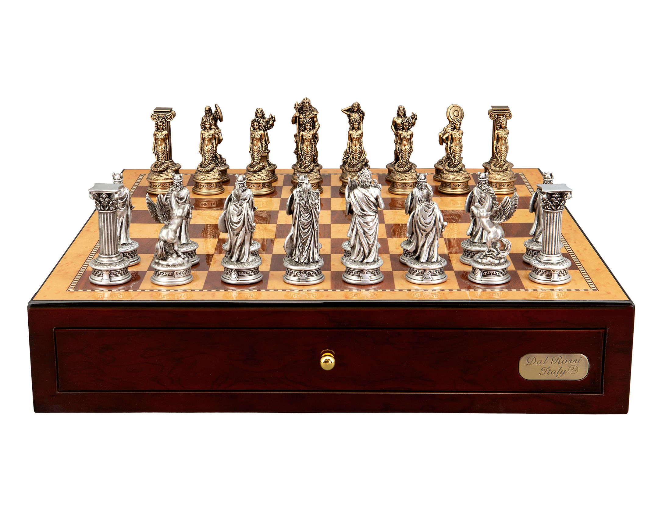 Dal Rossi Italy European Warriors Chessmen 85mm on a Shiny Mahogany Chess Box with two Drawers 18"