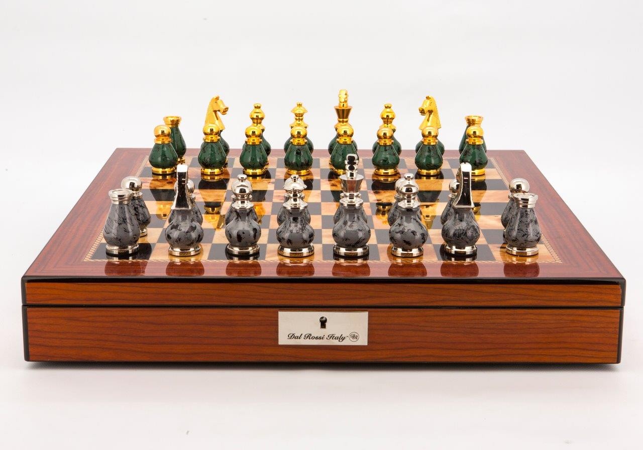 Dal Rossi Italy Chess Set Walnut Shinny Finish 20″ With Compartments, With Gray and Green Gold and Silver Metal Tops and Bottoms Chess Pieces 90mm