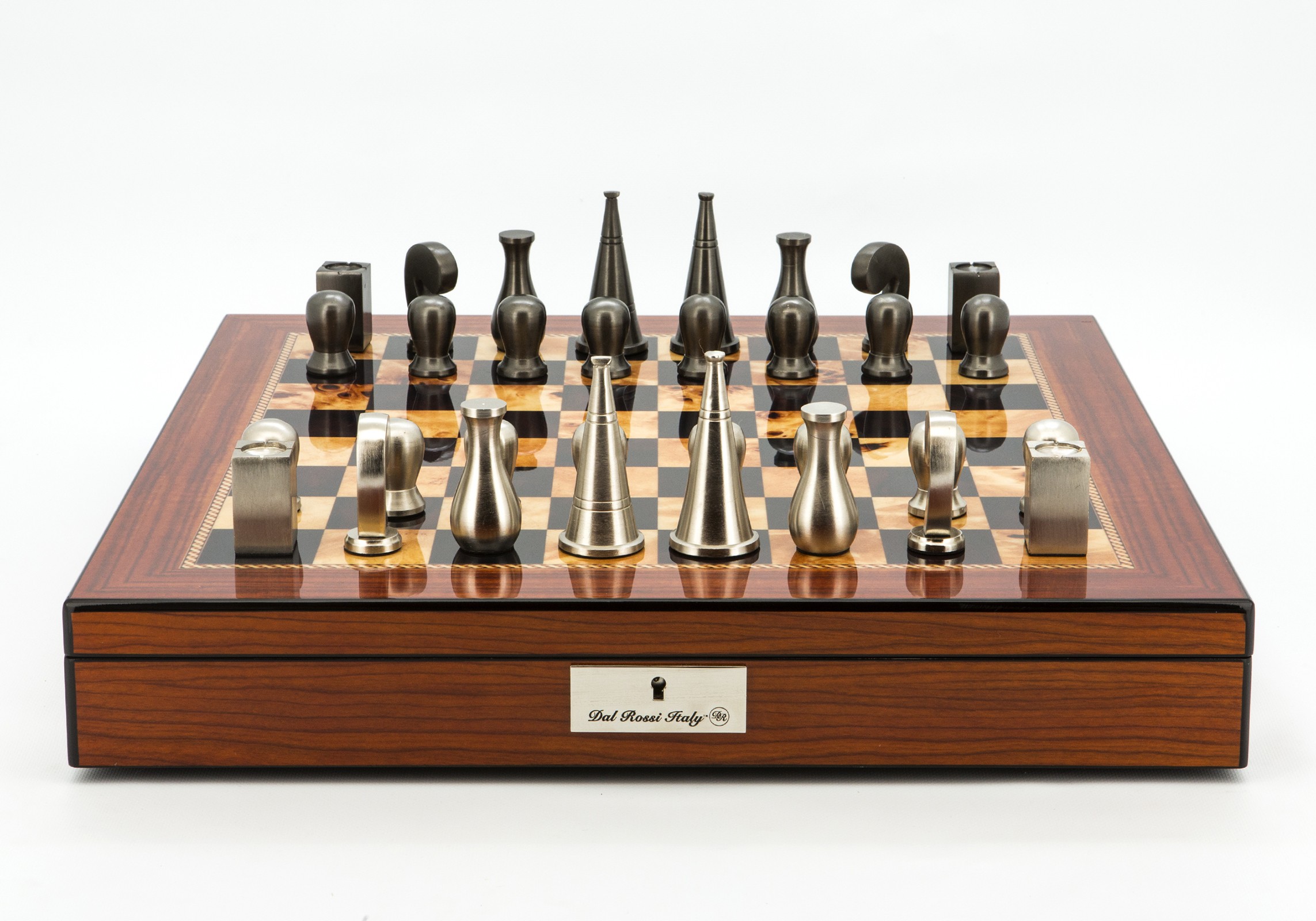 Dal Rossi Italy Chess Set Walnut Finish 20″ With Compartments, With Metal Dark Titanium and Silver 90mm Chessmen