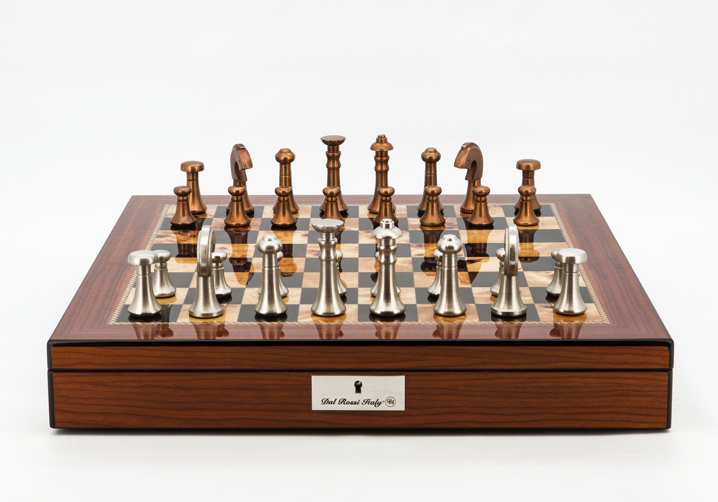 Dal Rossi Italy Chess Set Walnut Shinny Finish 20″ With Compartments, With Metal Copper and silver Chessmen 80mm
