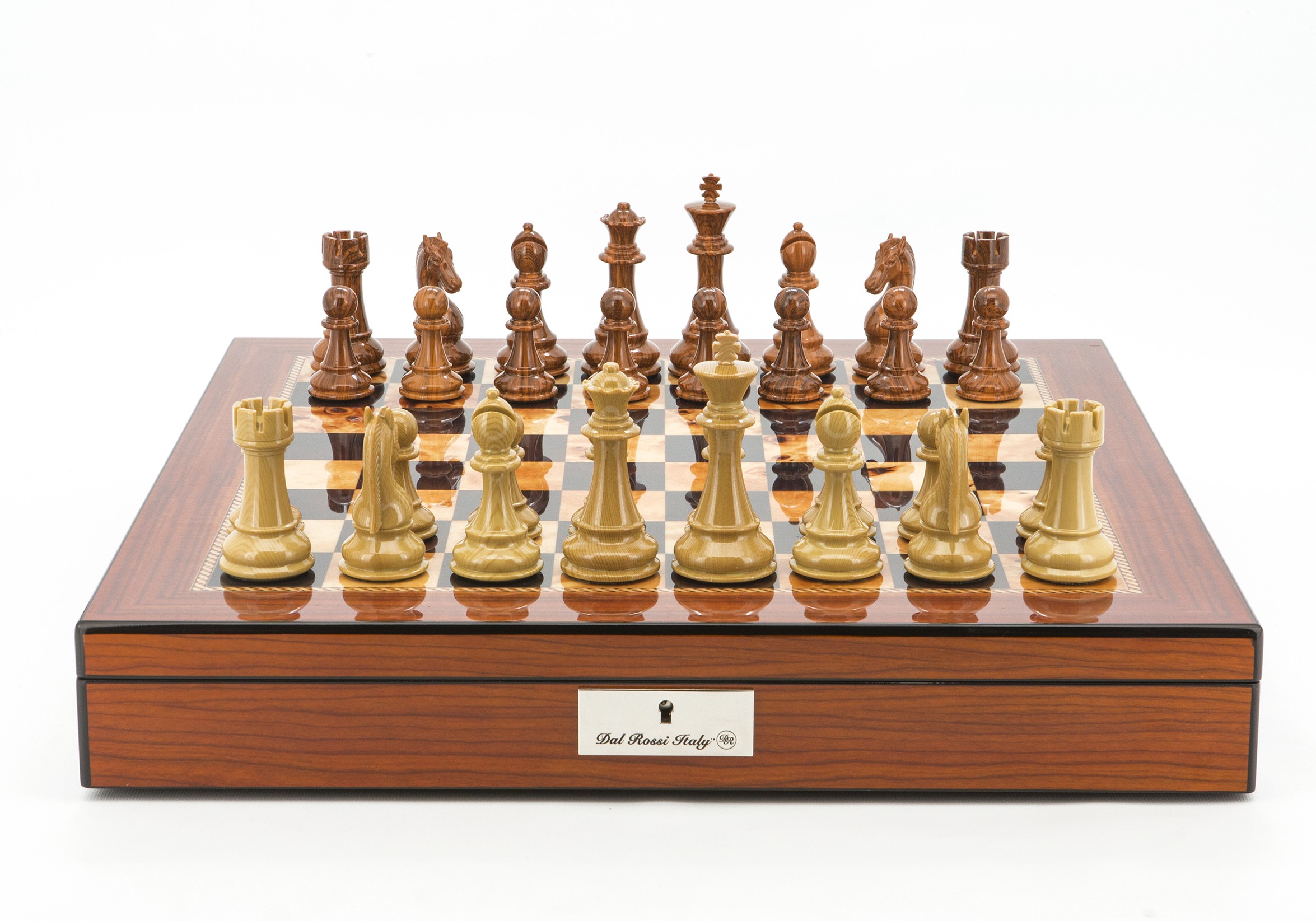 Dal Rossi Italy Chess Set Walnut Shinny Finish 20″ With Compartments, Brown and Box Wood Grain Finish 110mm Chess Pieces