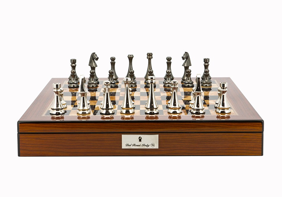 Dal Rossi Italy Chess Set Walnut Shinny Finish 20″ With Compartments, With Metal Dark Titanium and Silver chessmen 85mm