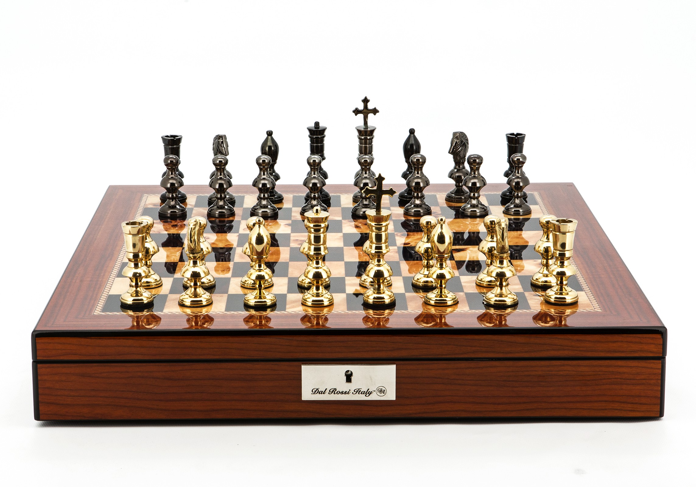 Dal Rossi Italy Chess Set Walnut Shinny Finish 20″ With Compartments, With Metal Dark Titanium and Gold Chessmen 110mmm 