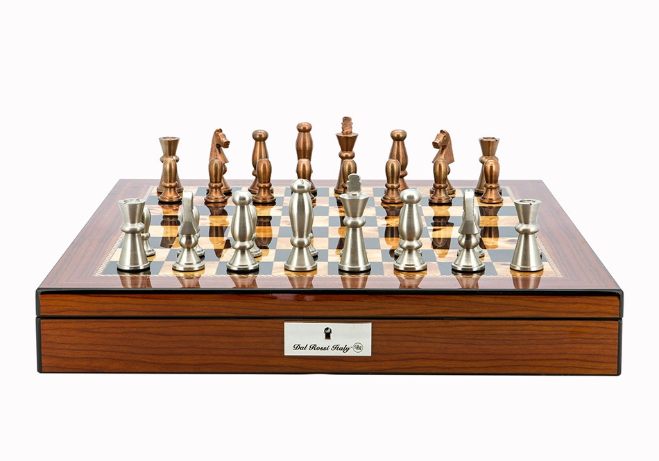 Dal Rossi Italy Chess Set Walnut Shinny Finish 20″ With Compartments, With Copper & Silver Weighted Metal Chess Pieces 85mm pieces