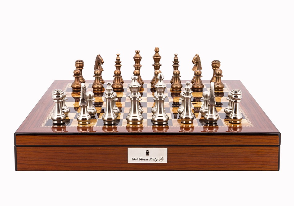 Dal Rossi Italy Chess Set Walnut Finish 20″ With Compartments, With Copper & Silver Weighted Metal Chess Pieces 100mm pieces