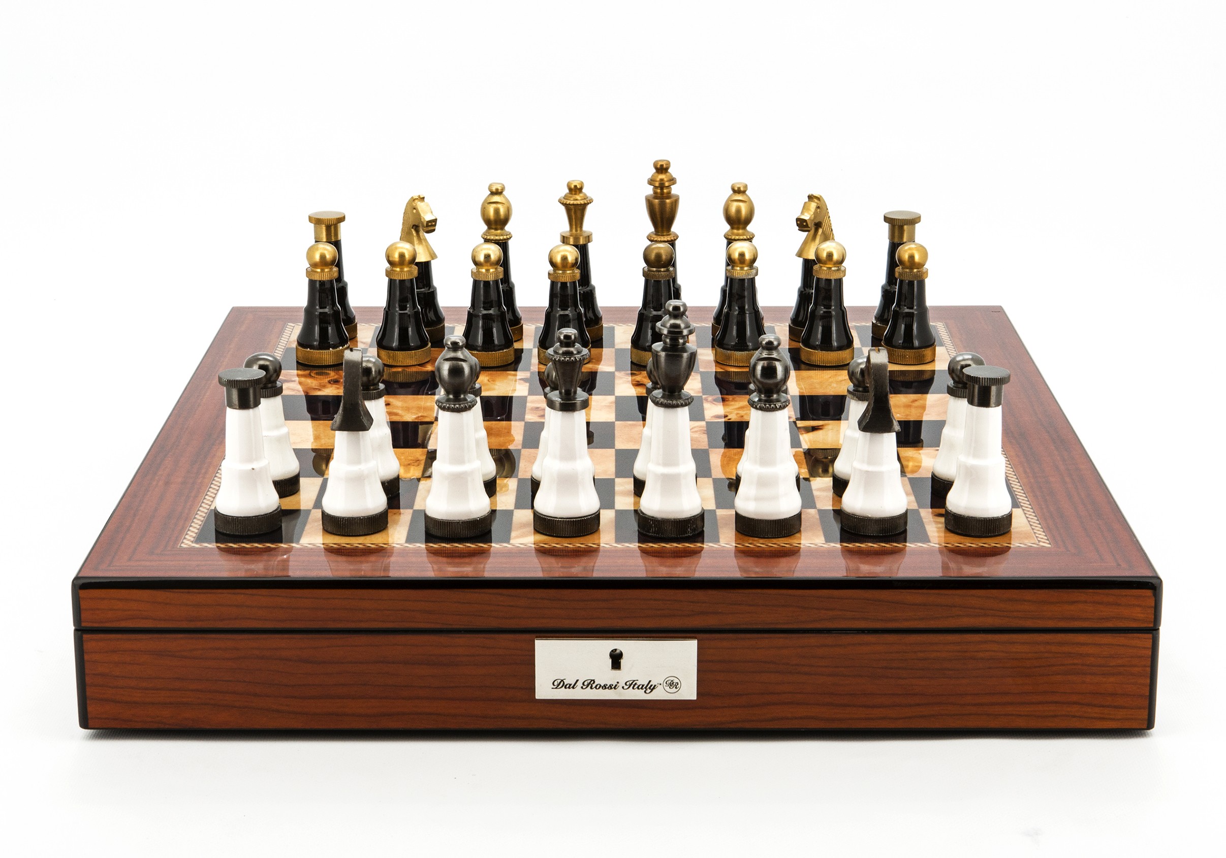 Dal Rossi Italy Chess Set Walnut Shinny Finish 20″ With Compartments, With Black and White with Gold and Gun Metal Tops and Bottoms Chessmen 110mm 
