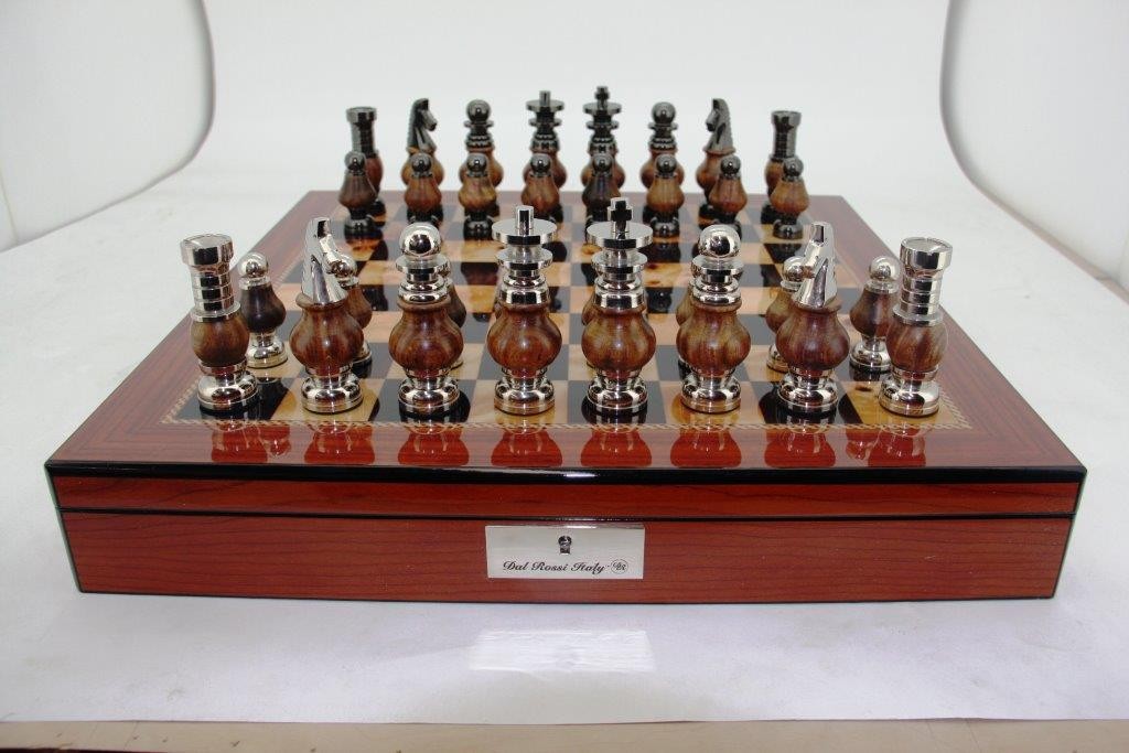 Dal Rossi LARGE Metal Wood Chess Set With compartments 20" Walnut Finish