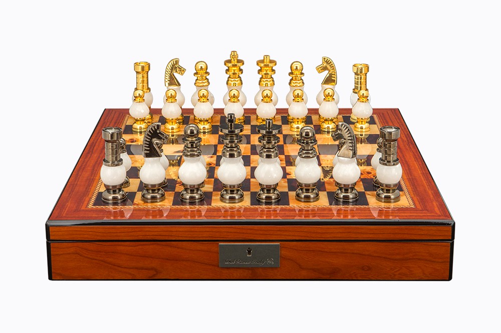 Dal Rossi Italy White Stone and Gold Chessmen 100mm Chess Set on Walnut Shiny Finish Chess Box 20” with compartments