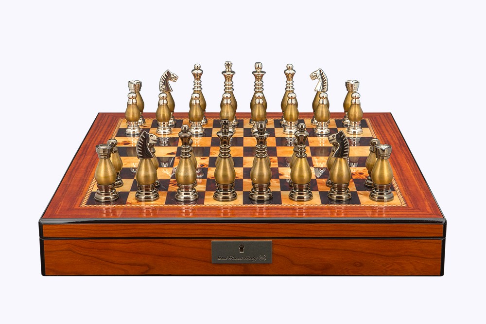 Dal Rossi Italy, Metal light gold plated Chessmen 100mmon a 20" Walnut Finish Board with Compartments 