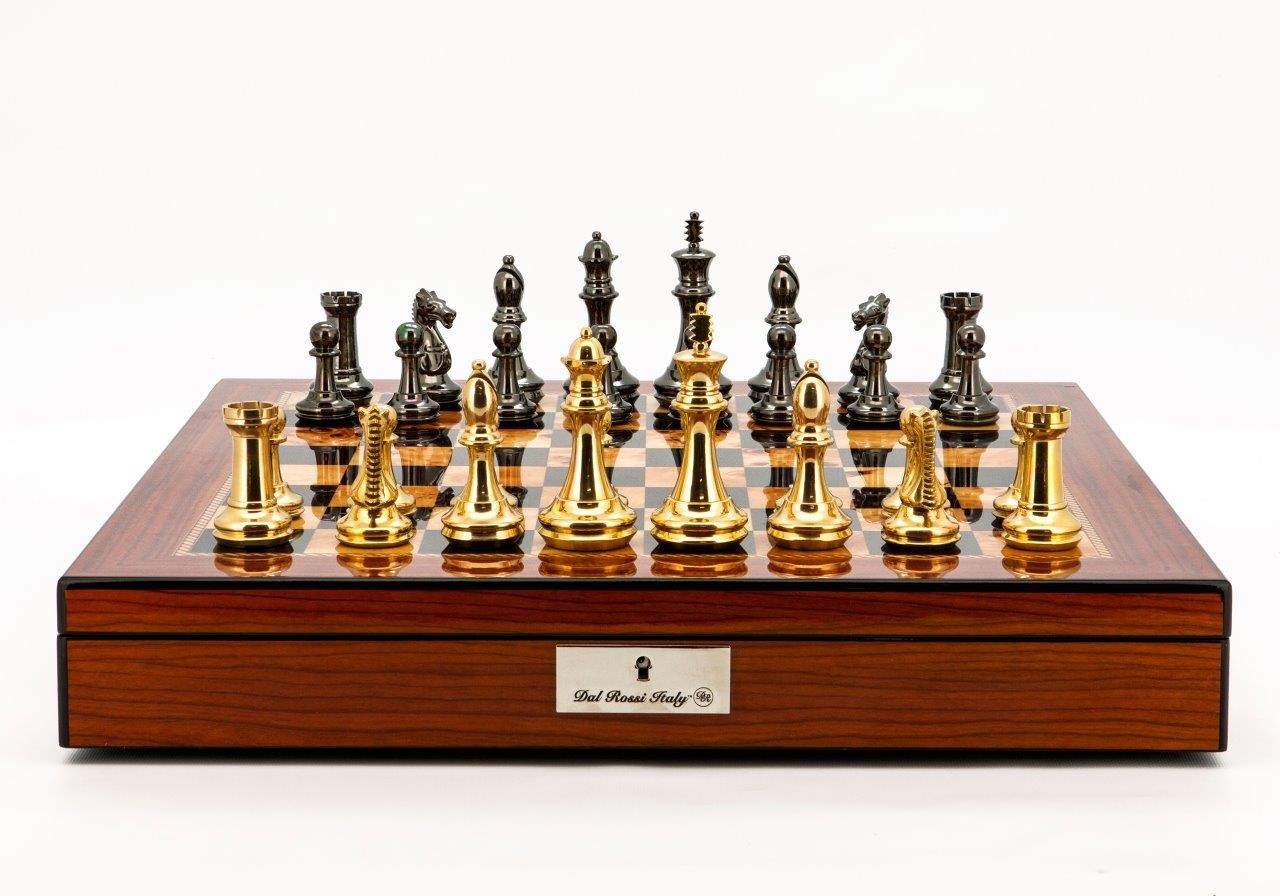 Dal Rossi Italy Chess Set Walnut Shinny Finish 20″ With Compartments, With Very Heavy Brass Staunton Gold and Silver chessmen 110mm