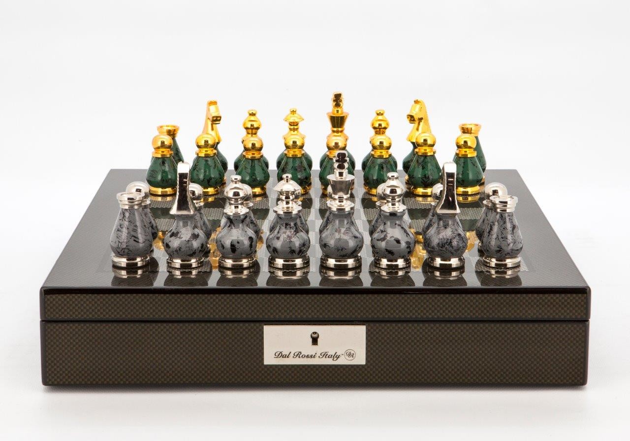 Dal Rossi Italy Chess Set Carbon Fibre Finish 16″ With Compartments, With Gray and Green Gold and Silver Metal Tops and Bottoms Chess Pieces 90mm